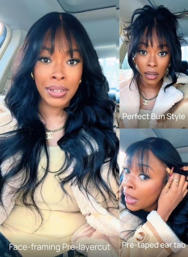 Nadula 7x5 HD Bye Bye Knots Glueless Curtain Bangs Wig with Drawstring, Pre Everything Loose Wave Wigs Human Hair Pre Cut/Plucked/Bleached Invisible Knots, Ready to Wear No Glue, 180% Density 16inch - Image 3